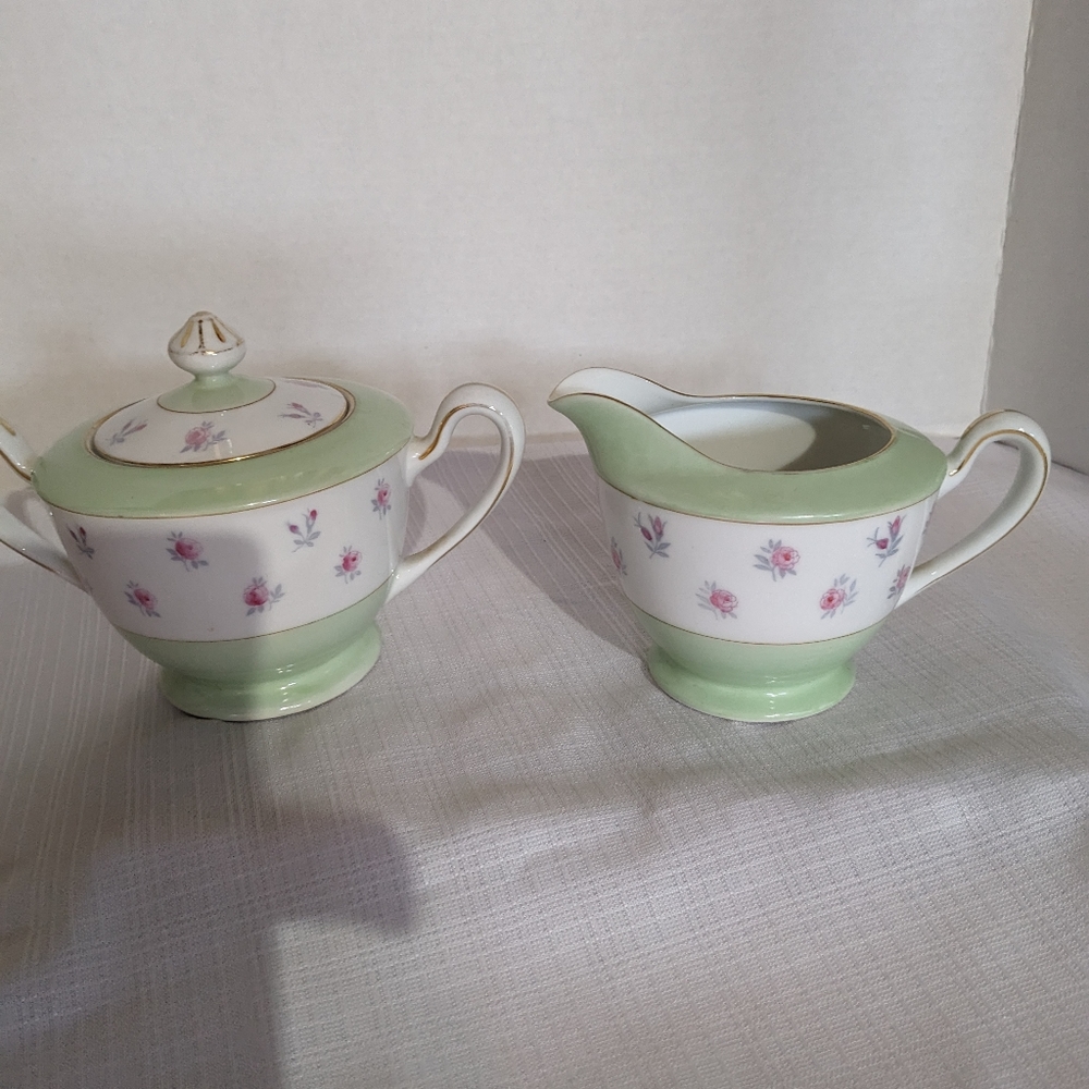 Occupied Japan 3 piece cream and sugar Aichi China green pink roses gold trim